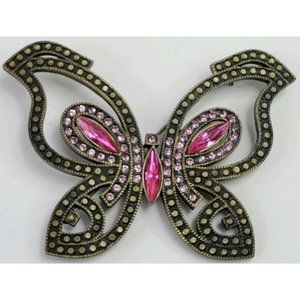 Large Metal Brass Tone Butterfly Pin Brooch with Pink Rhinestones Heavy